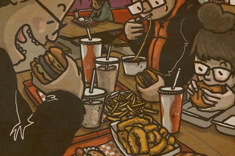 Illustration of diners enjoying burgers, fries, and shakes at Smokehouse